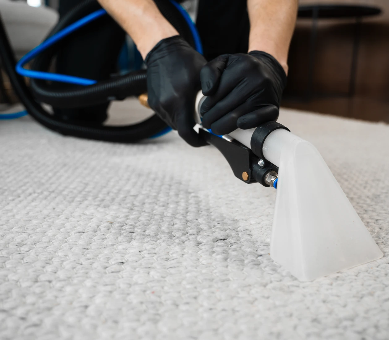 Gloved hands using carpet cleaner